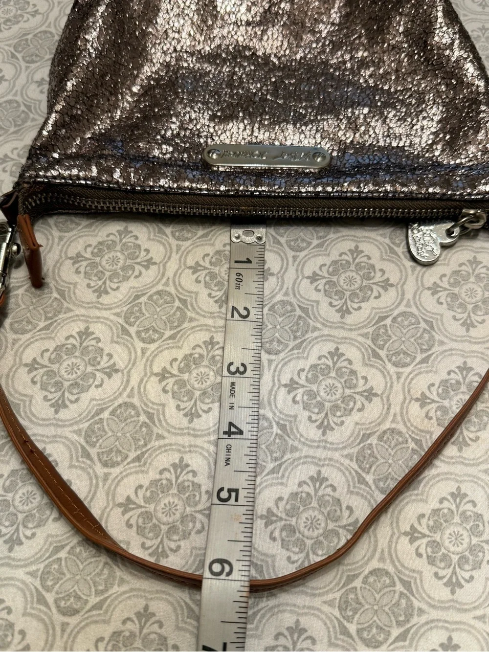 Betsey Johnson Metallic Silver/Gold Wristlet with Tan Strap